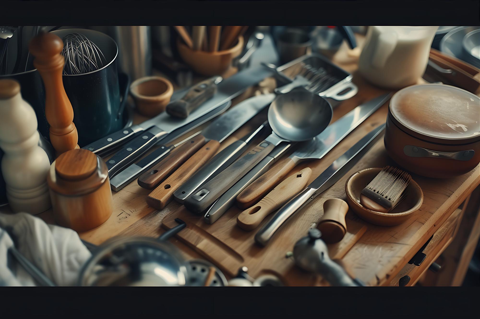 Workshop kitchen station with tools and ingredients
